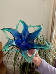 Stunning Murano-Style Art Glass Bowl - Blue & Turquoise Flower Design